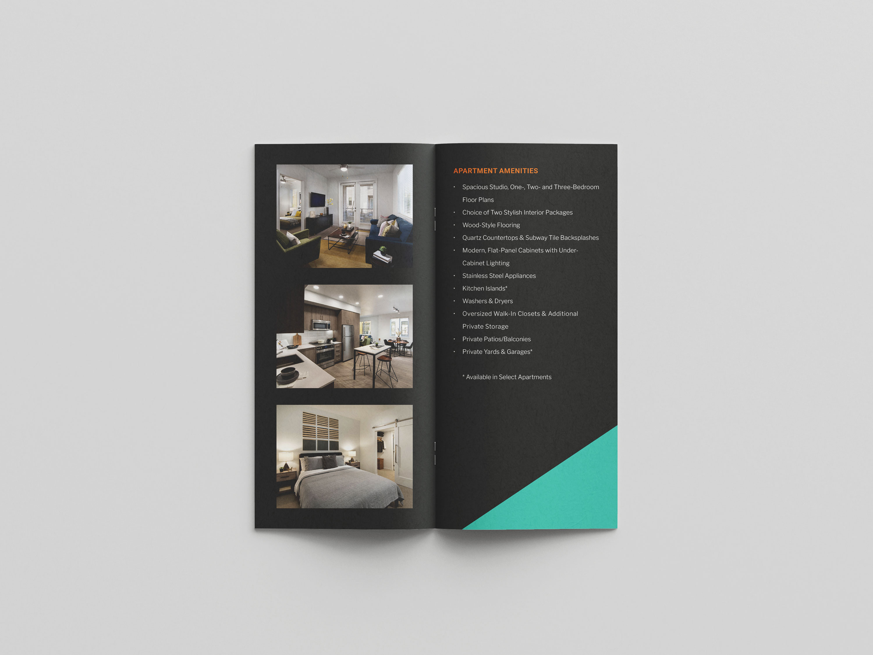 Brochure spread highlighting apartment amenities.